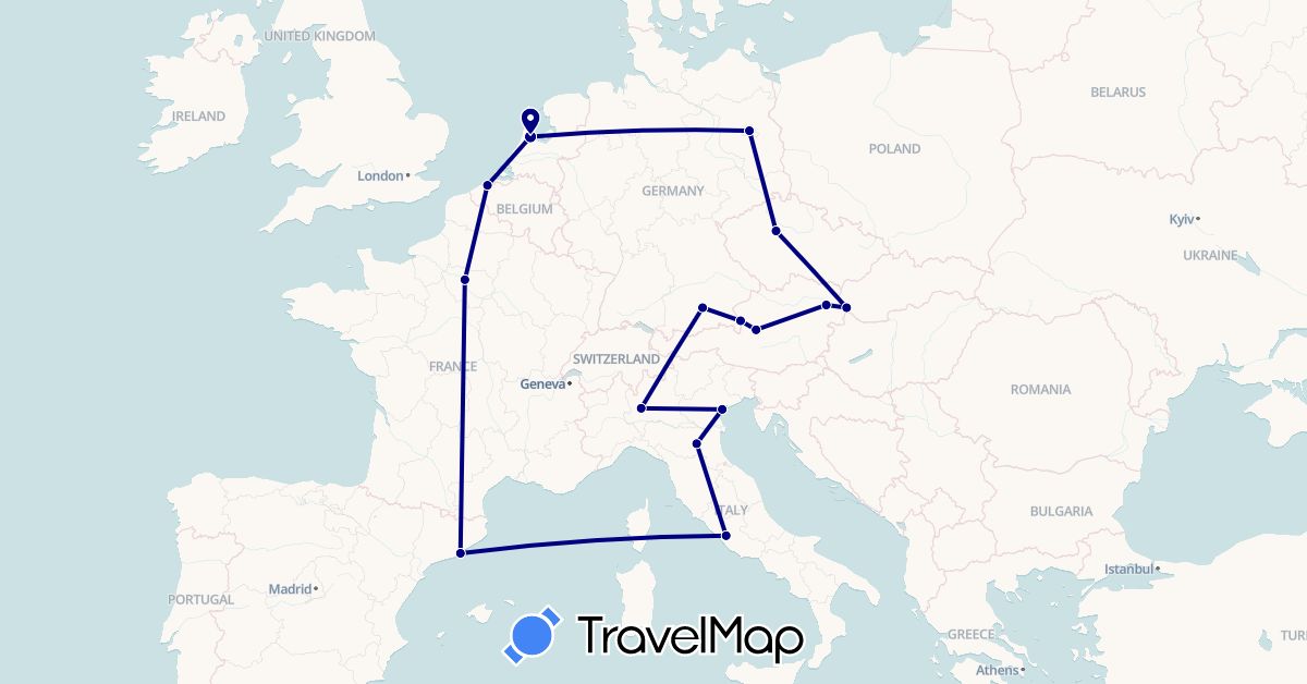 TravelMap itinerary: driving in Austria, Belgium, Czech Republic, Germany, Spain, France, Italy, Netherlands, Slovakia (Europe)